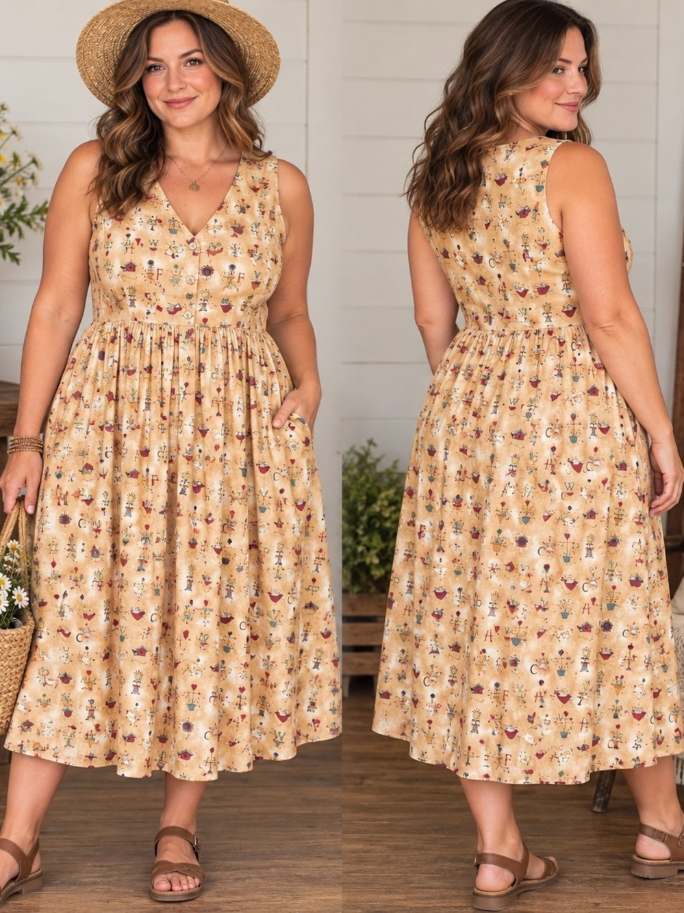 Vintage Size L Cottagecore Farmhouse Pinafore Dress Whimsical Folk Art Prairie